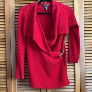 Lauren Ralph Lauren Red Ribbed Wrap Cardigan with Buckle Accent